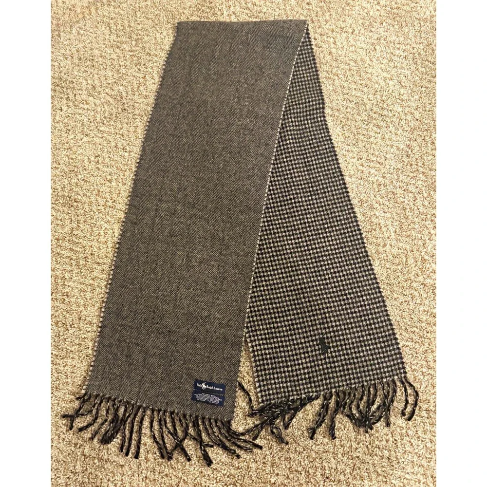 Polo Ralph Lauren Lambswool Scarf Gray/Black Herringbone - Made in Italy